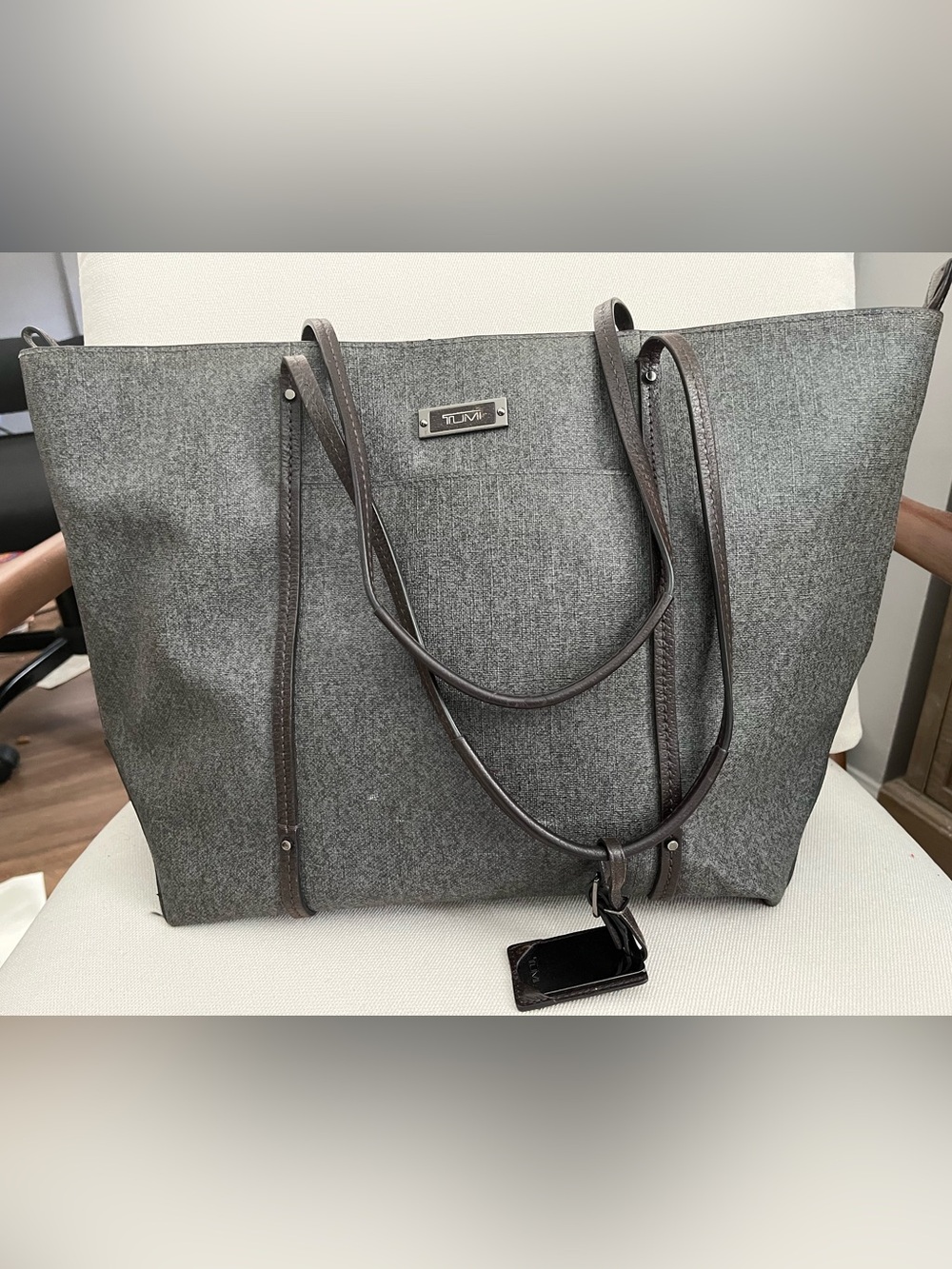 Tumi Gray Tote with Dark Brown Leather Straps